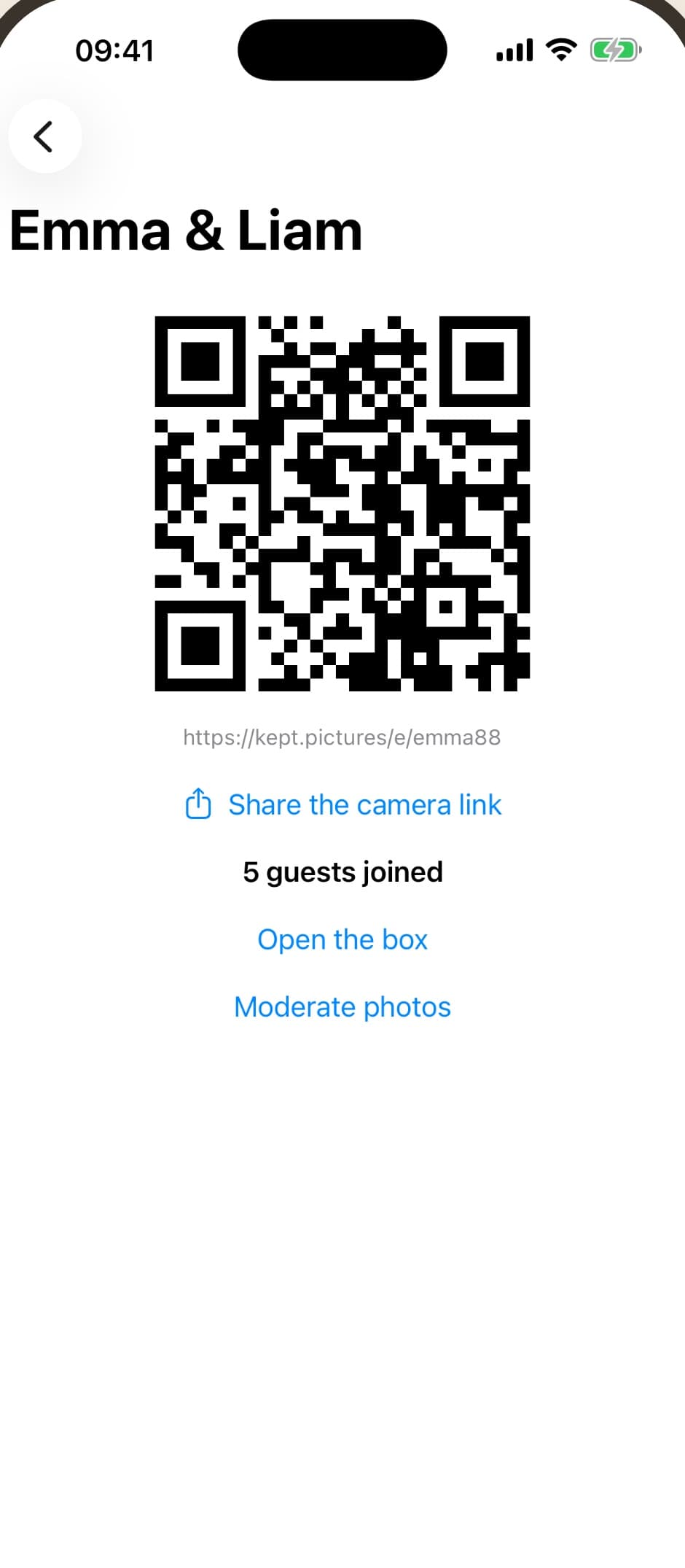 The Kept iPhone app showing Emma and Liam's event: the QR code guests scan, the camera link, and five guests joined