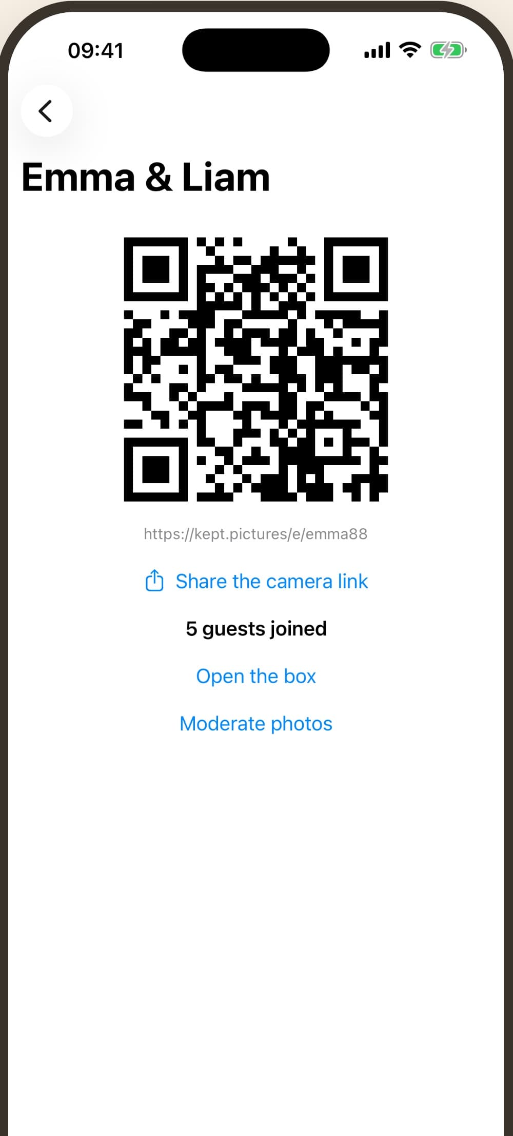 Kept iOS app showing an event's QR code for guests to scan